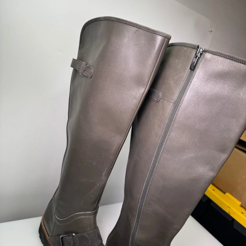 New Franco‎ Sarto Cutler Tall Riding Boots Womens 10M Grey Leather Buckle Knee
